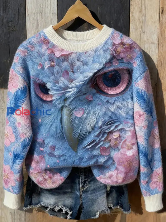 Pull en tricot à col rond en hiver Forest Owl pour femme comme image / S