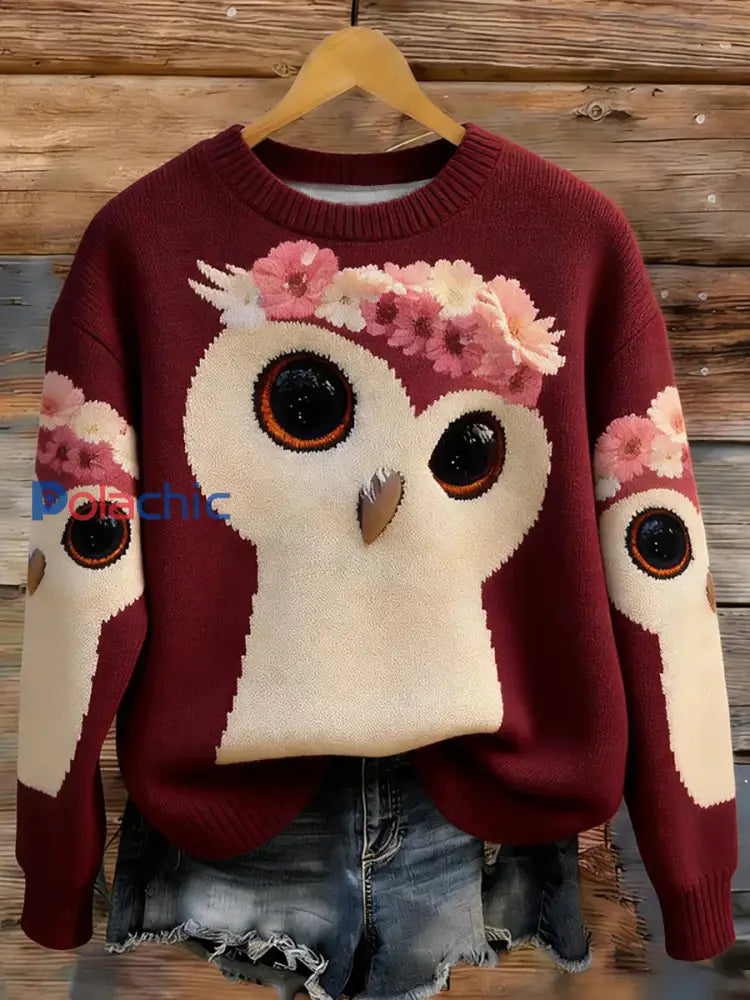 Pull en tricot à col rond en hiver Forest Owl pour femme comme image / S