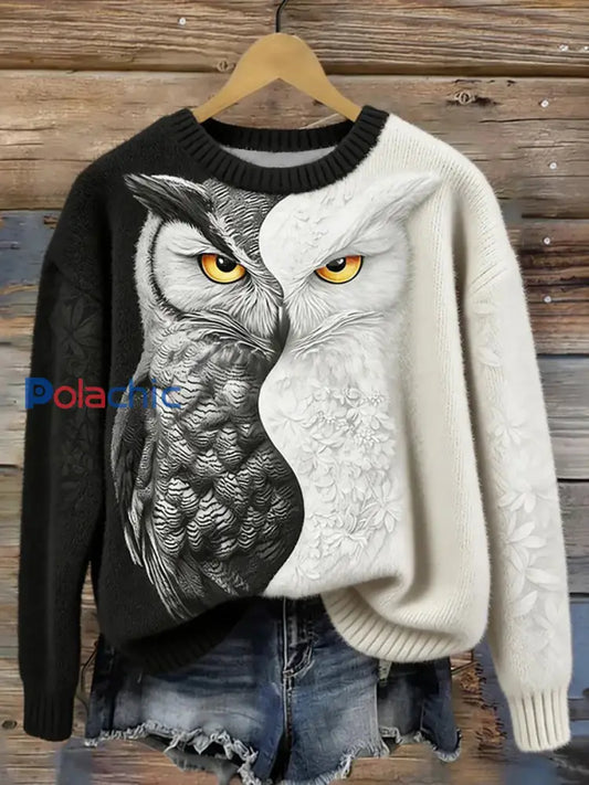 Pull en tricot à col rond en hiver Forest Owl pour femme comme image / S