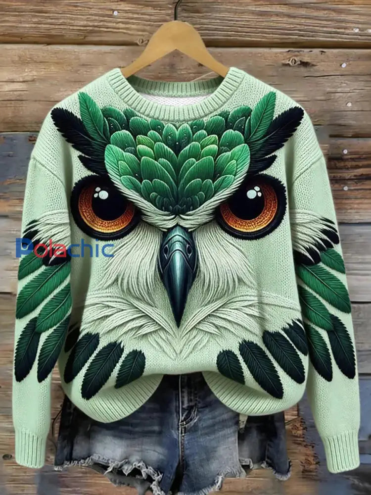 Pull en tricot à col rond en hiver Forest Owl pour femme comme image / S