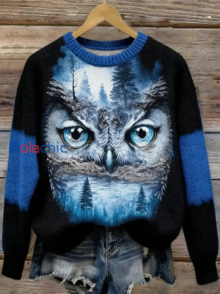 Pull en tricot à col rond en hiver Forest Owl pour femme comme image / S