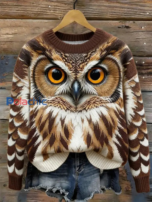 Pull en tricot à col rond en hiver Forest Owl pour femme comme image / S