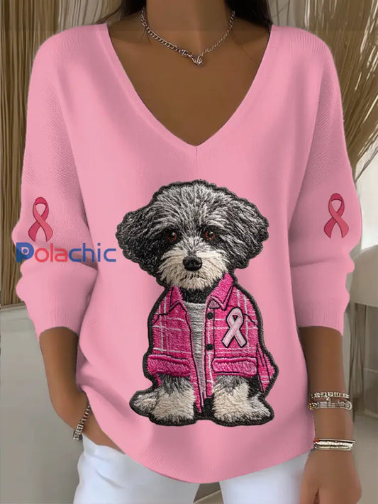 Pull en tricot à col en V imprimé pour femmes Rose / S