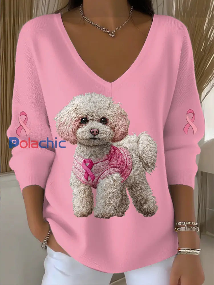 Pull en tricot à col en V imprimé pour femmes Rose / S