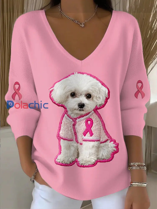 Pull en tricot à col en V imprimé pour femmes Rose / S