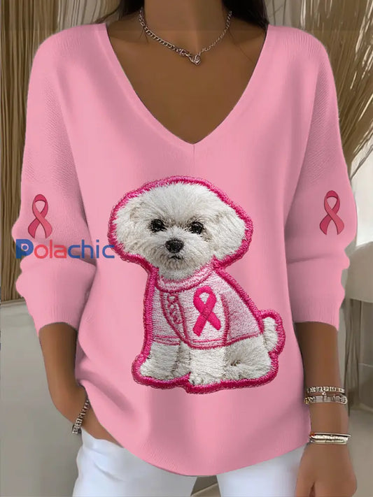 Pull en tricot à col en V imprimé pour femmes Rose / S