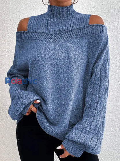 Pull en tricot à épaules dénudées et à manches longues pour femme Bleu / S