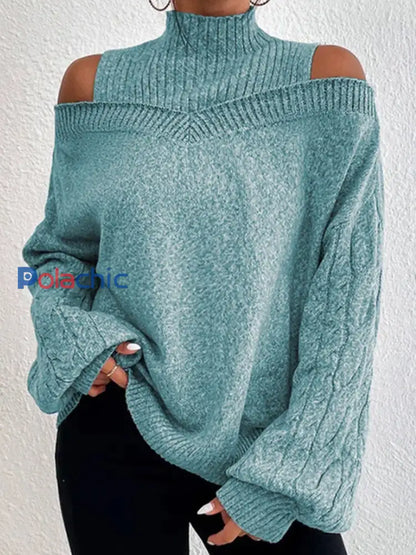 Pull en tricot à épaules dénudées et à manches longues pour femme Vert / S