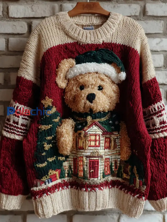 Pull en tricot confortable à imprimé animal de Noël décontracté rétro A / S