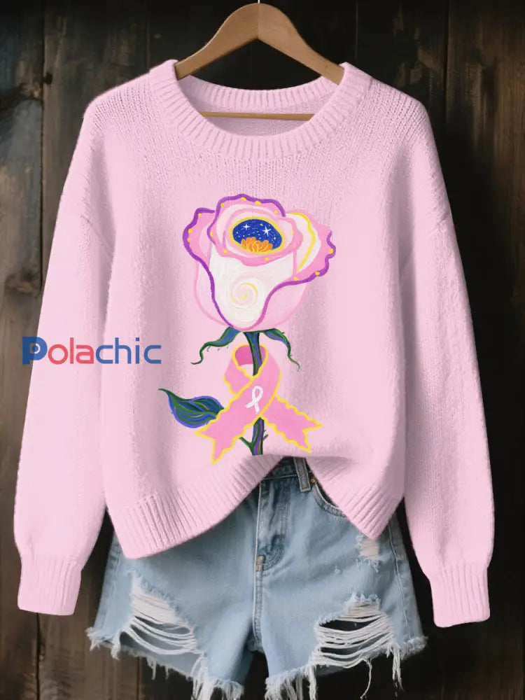 Pull en tricot confortable à imprimé d’art du cancer du sein pour femmes comme image / S