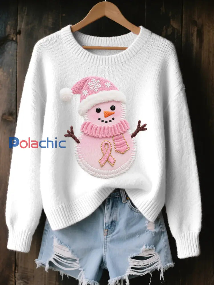 Pull en tricot confortable brodé de bonhomme de neige de Noël pour femmes Blanc / S