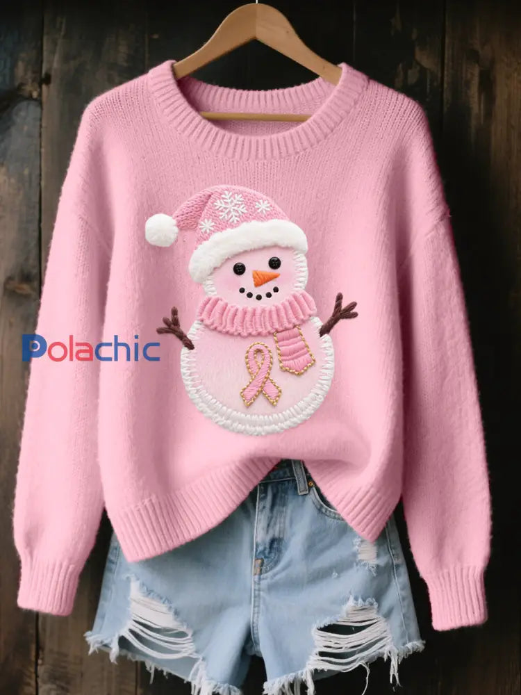 Pull en tricot confortable brodé de bonhomme de neige de Noël pour femmes Rose / S