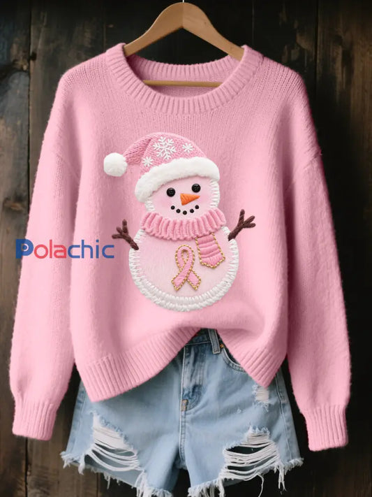 Pull en tricot confortable brodé de bonhomme de neige de Noël pour femmes Rose / S