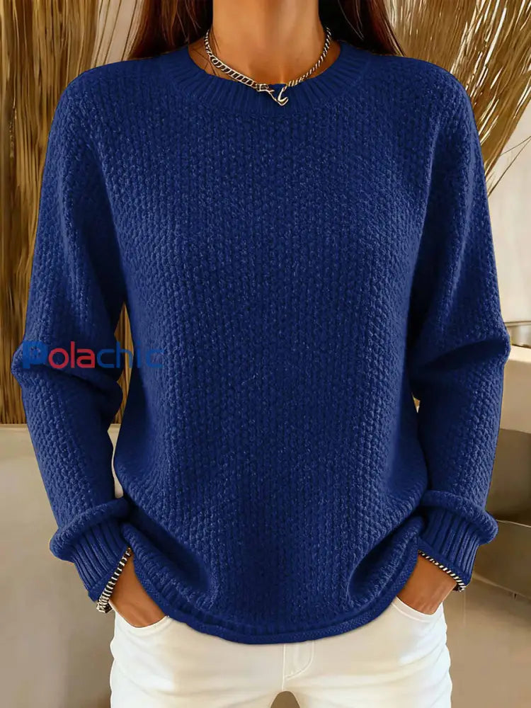 Pull en tricot confortable de couleur unie simple pour femmes Bleu Marine / ONE