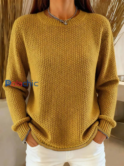 Pull en tricot confortable de couleur unie simple pour femmes Jaune / ONE