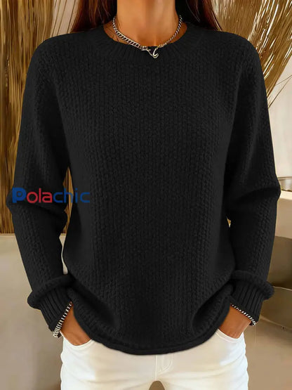 Pull en tricot confortable de couleur unie simple pour femmes Noir / ONE