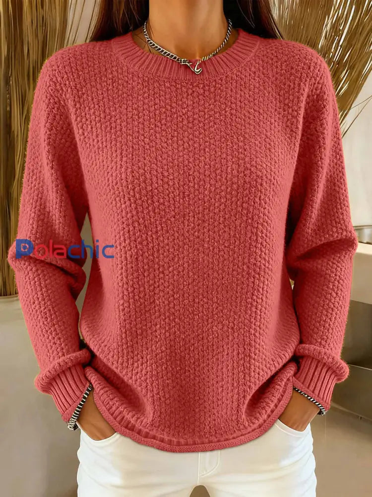 Pull en tricot confortable de couleur unie simple pour femmes Rouge Brique / ONE