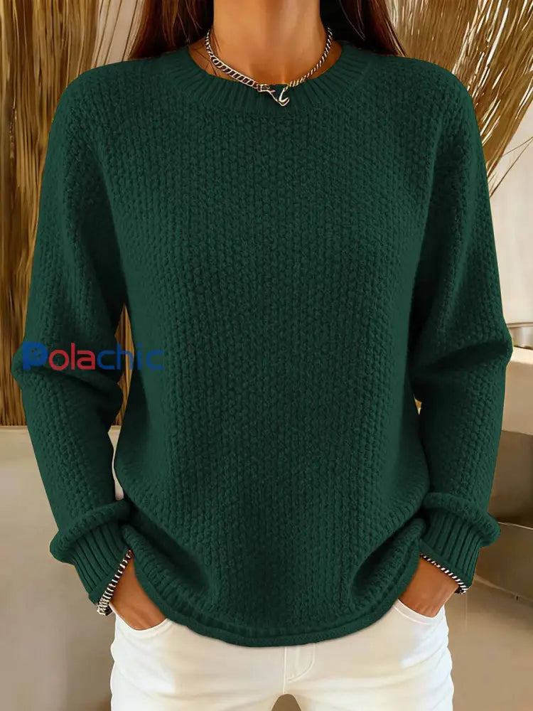 Pull en tricot confortable de couleur unie simple pour femmes Vert / ONE