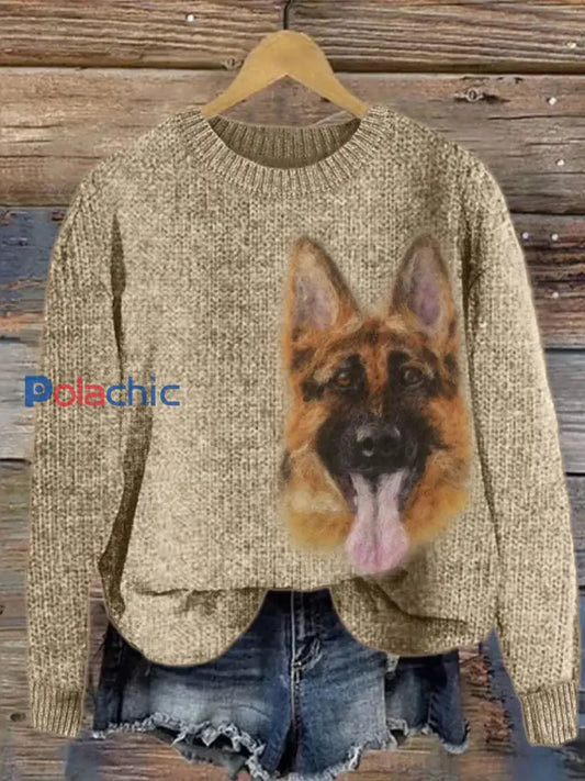 Pull en tricot confortable Portrait de chien de berger allemand pour femmes Kaki / S