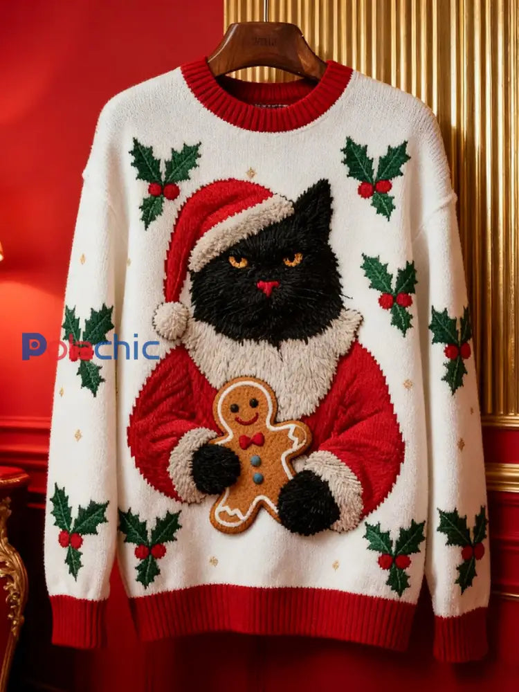 Pull en tricot vintage chat noir de Noël pour femme comme image / S