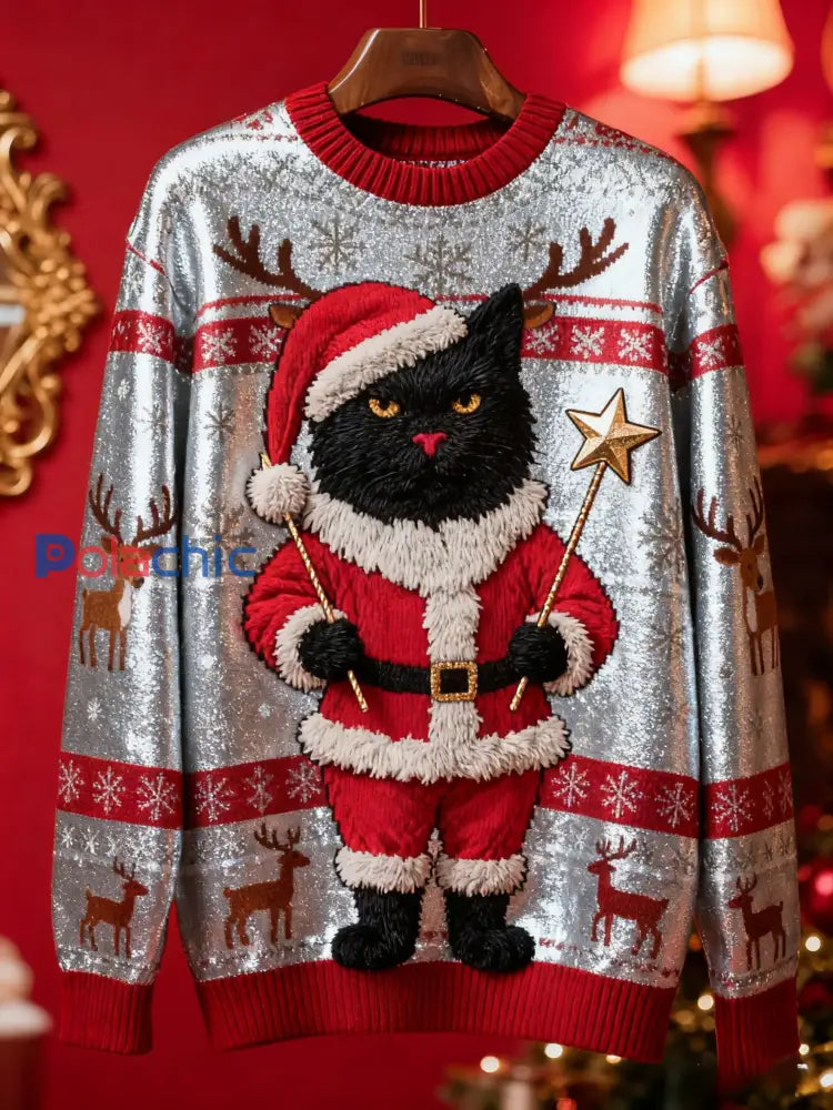 Pull en tricot vintage chat noir de Noël pour femme comme image / S