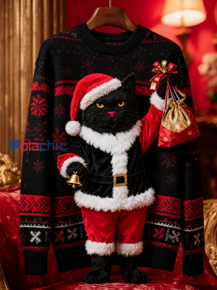 Pull en tricot vintage chat noir de Noël pour femme Noir / S