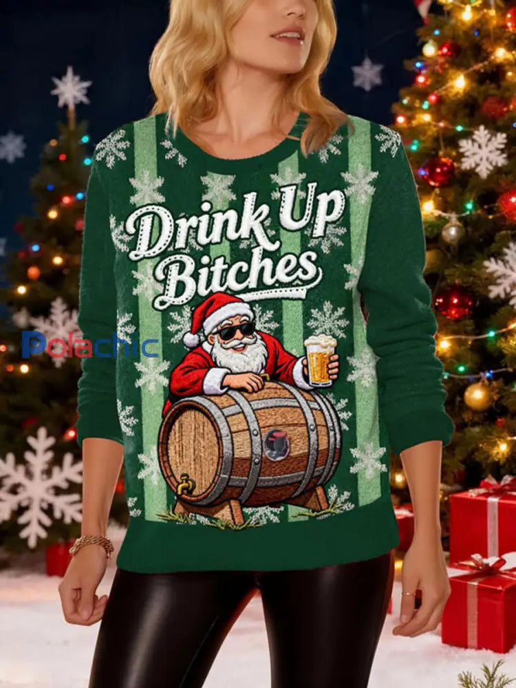 Pull Femme Avec Distributeur De Boissons De Noël ’Drink Up Bitches’ Vert Foncé / S