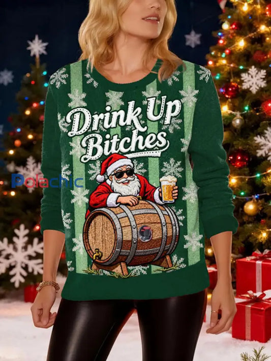 Pull Femme Avec Distributeur De Boissons De Noël ’Drink Up Bitches’ Vert Foncé / S