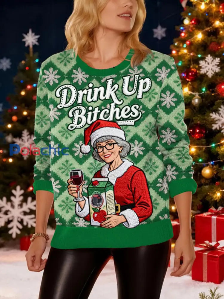 Pull Femme Avec Distributeur De Boissons De Noël ’Drink Up Bitches’ Vert / S