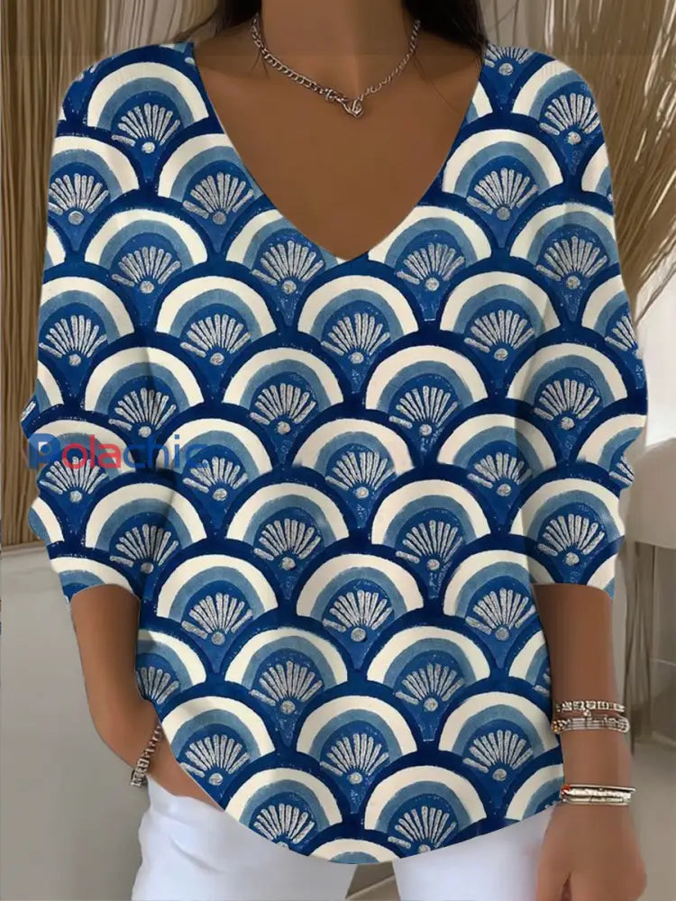 Pull Femme Chic Bleu Motif Éventail Col V Multicolore / S