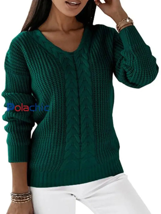 Pull Femme Col V À Manches Longues En Tricot À Câble Vert / S