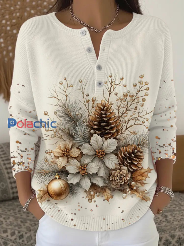 Pull Femme Élégant Doré Imprimé Pine De Noël À Col Boutonné Multicolore / S