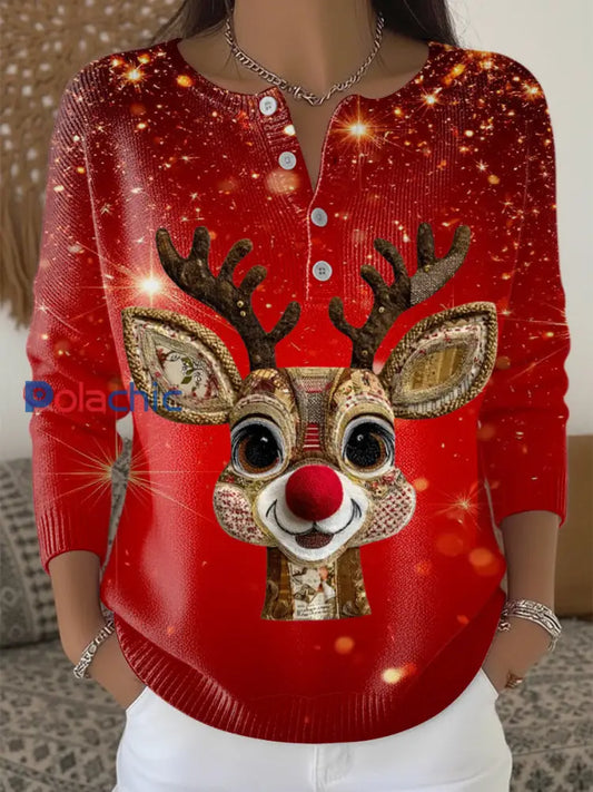 Pull Femme Henley À Imprimé Renne Au Nez Rouge Scintillant Multicolore / S