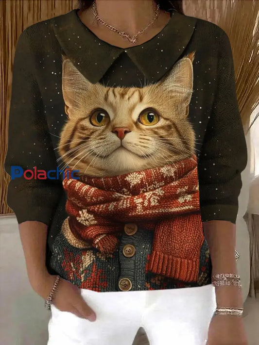 Pull Femme Hiver Chat Imprimé comme image / S