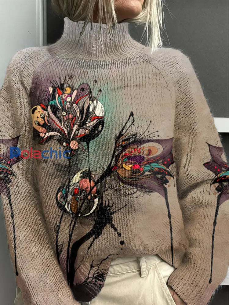 Pull Femme Kaki Imprimé Floral Col Roulé Kaki / S
