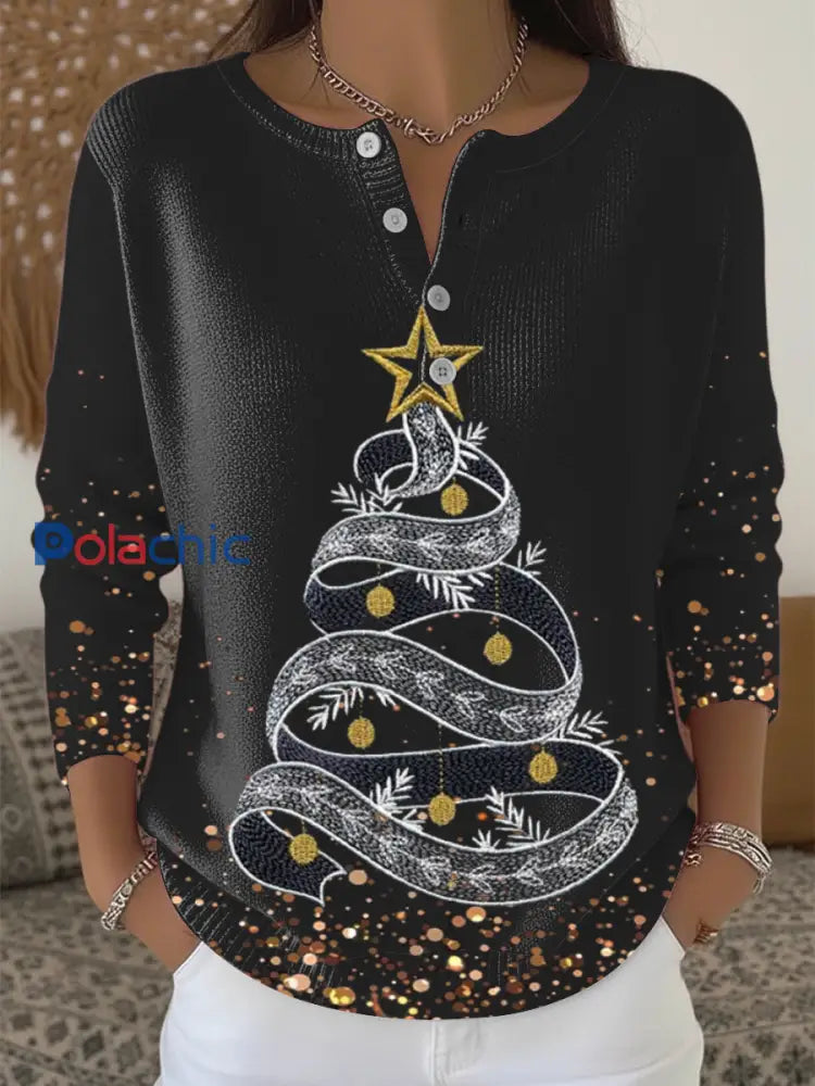 Pull Femme Pailleté Doré Imprimé Arbre De Noël Noir Multicolore / S