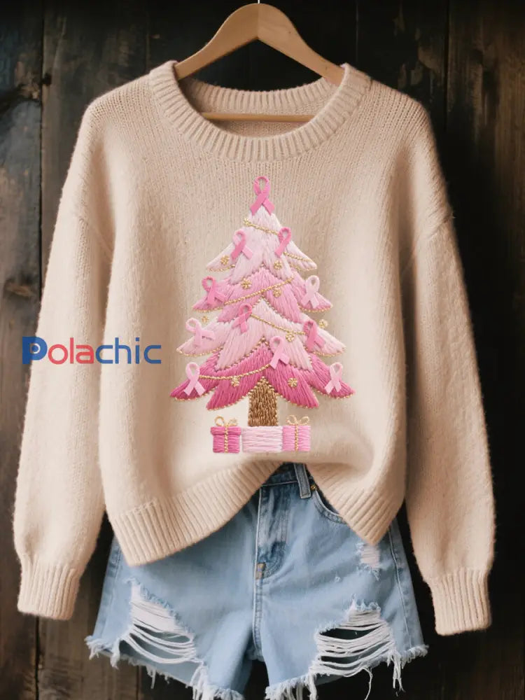 Pull Femme Rose Brodé Arbre De Noël Cozy En Tricot abricot / S