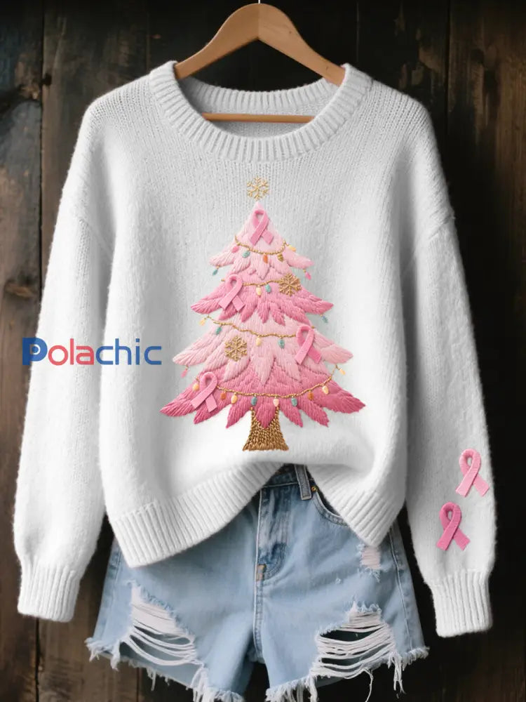 Pull Femme Rose Brodé Arbre De Noël Cozy En Tricot Blanc / S