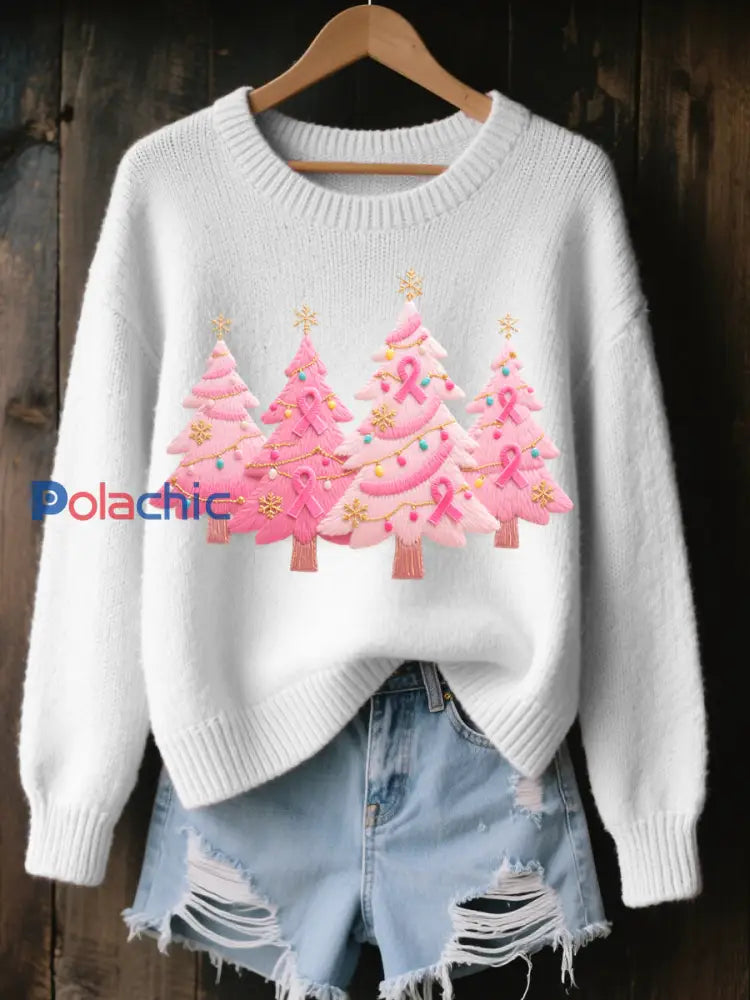 Pull Femme Rose Brodé Arbre De Noël Cozy En Tricot Blanc / S