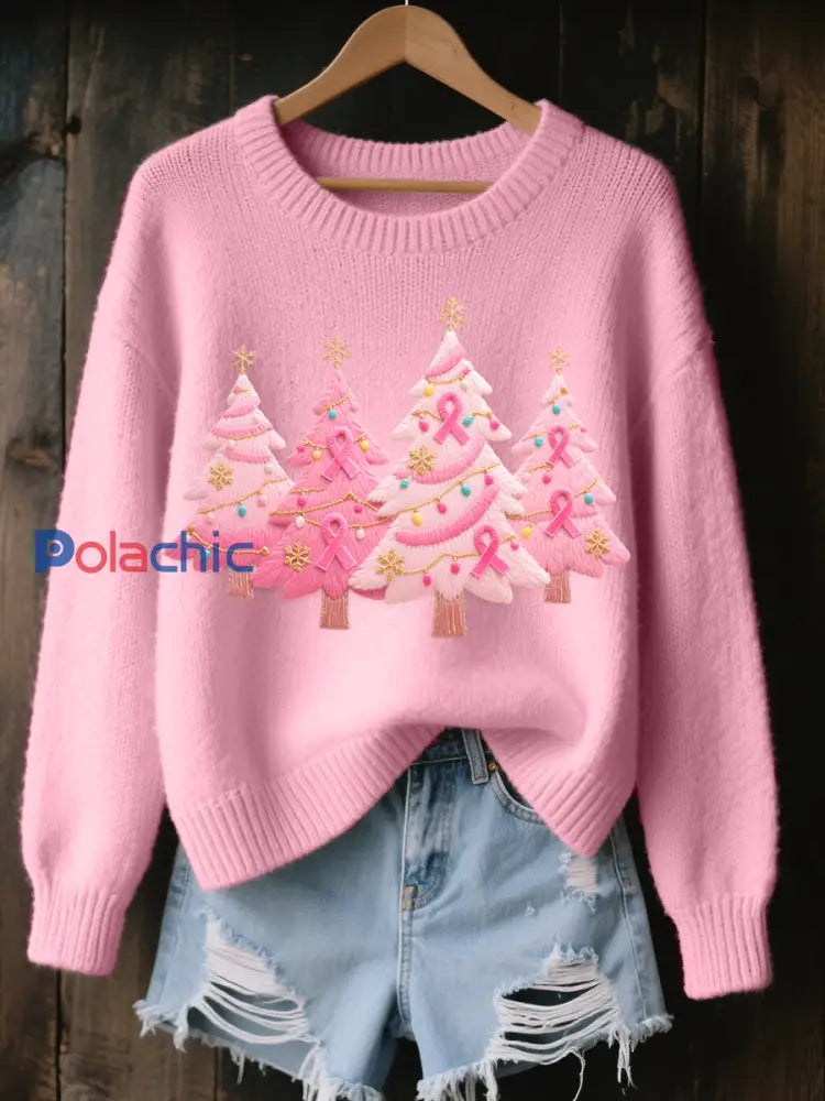 Pull Femme Rose Brodé Arbre De Noël Cozy En Tricot Rose / S