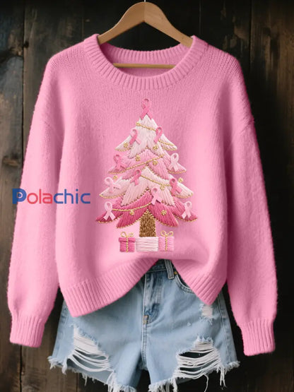 Pull Femme Rose Brodé Arbre De Noël Cozy En Tricot rose / S