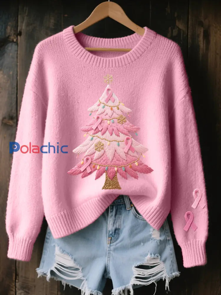 Pull Femme Rose Brodé Arbre De Noël Cozy En Tricot Rose / S