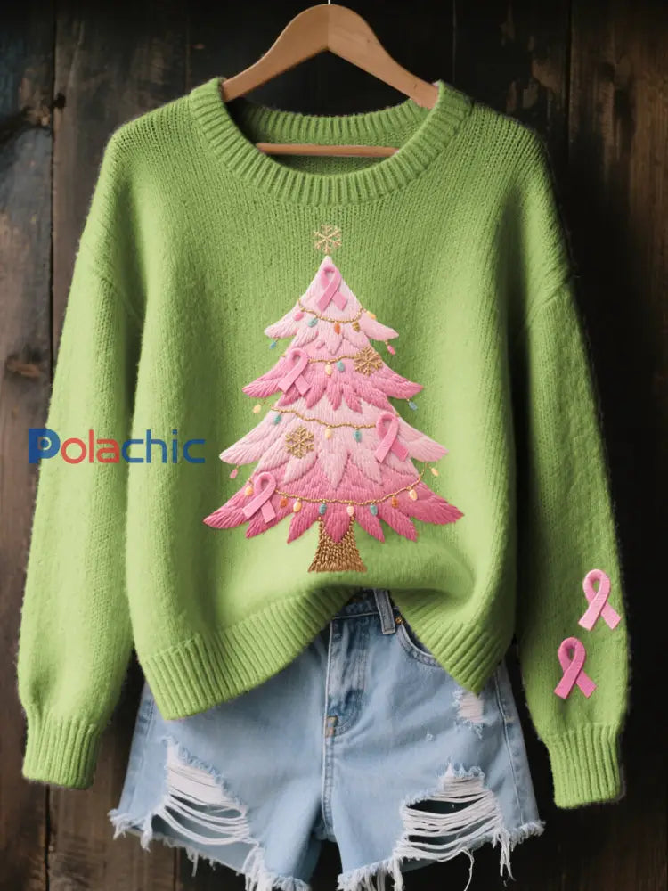 Pull Femme Rose Brodé Arbre De Noël Cozy En Tricot Vert / S