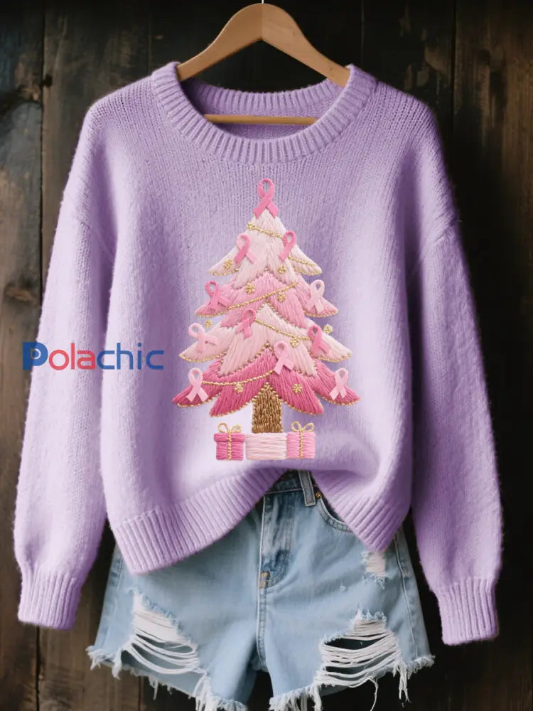 Pull Femme Rose Brodé Arbre De Noël Cozy En Tricot violet clair / S