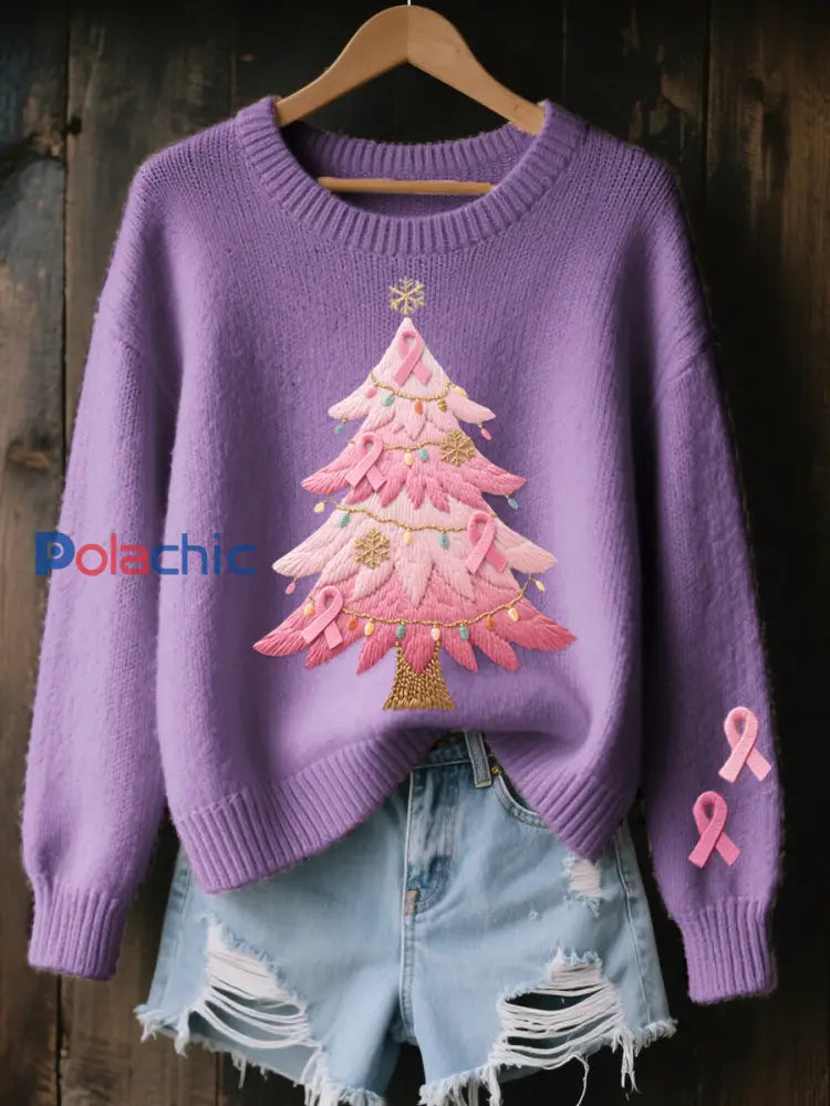 Pull Femme Rose Brodé Arbre De Noël Cozy En Tricot Violet / S
