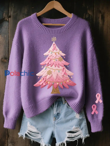 Pull Femme Rose Brodé Arbre De Noël Cozy En Tricot Violet / S