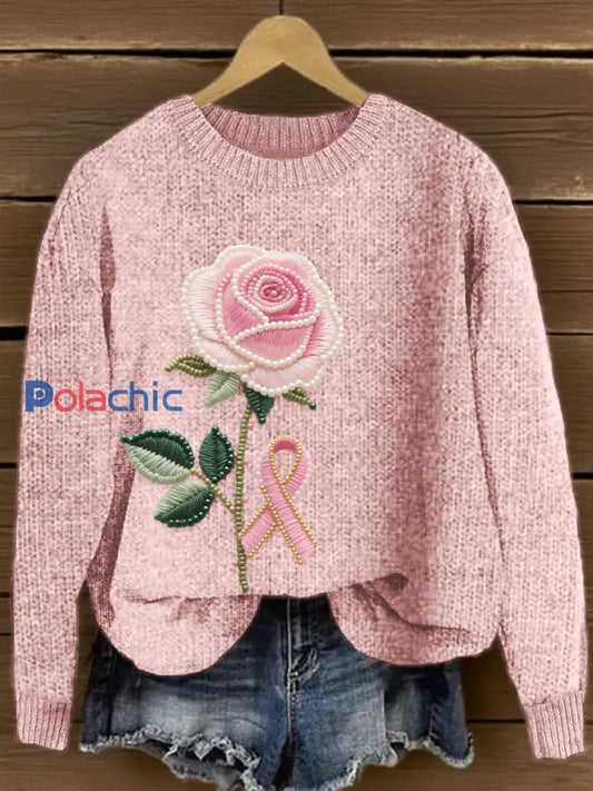 Pull Femme Rose Rose Brodé En Maille Rose / S