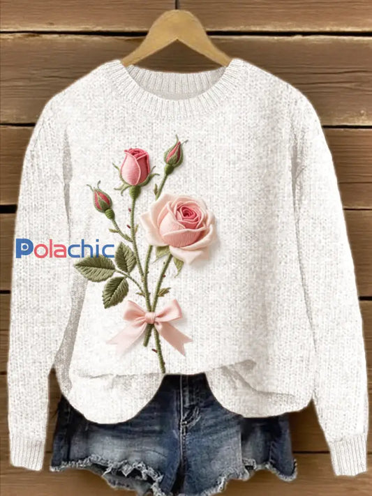 Pull Femme Rose Brodé Floral Blanc / S