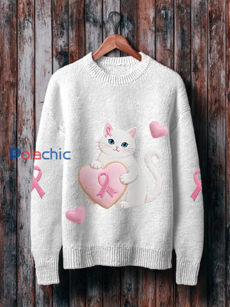 Pull Femme Rose Chat Rose Ruban Sensibilisation Au Cancer Du Sein Blanc / S