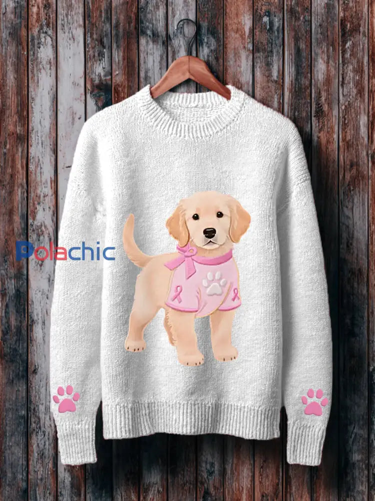 Pull Femme Rose Chien Ruban Rose Soutien Sensibilisation Au Cancer Du Sein Blanc / S